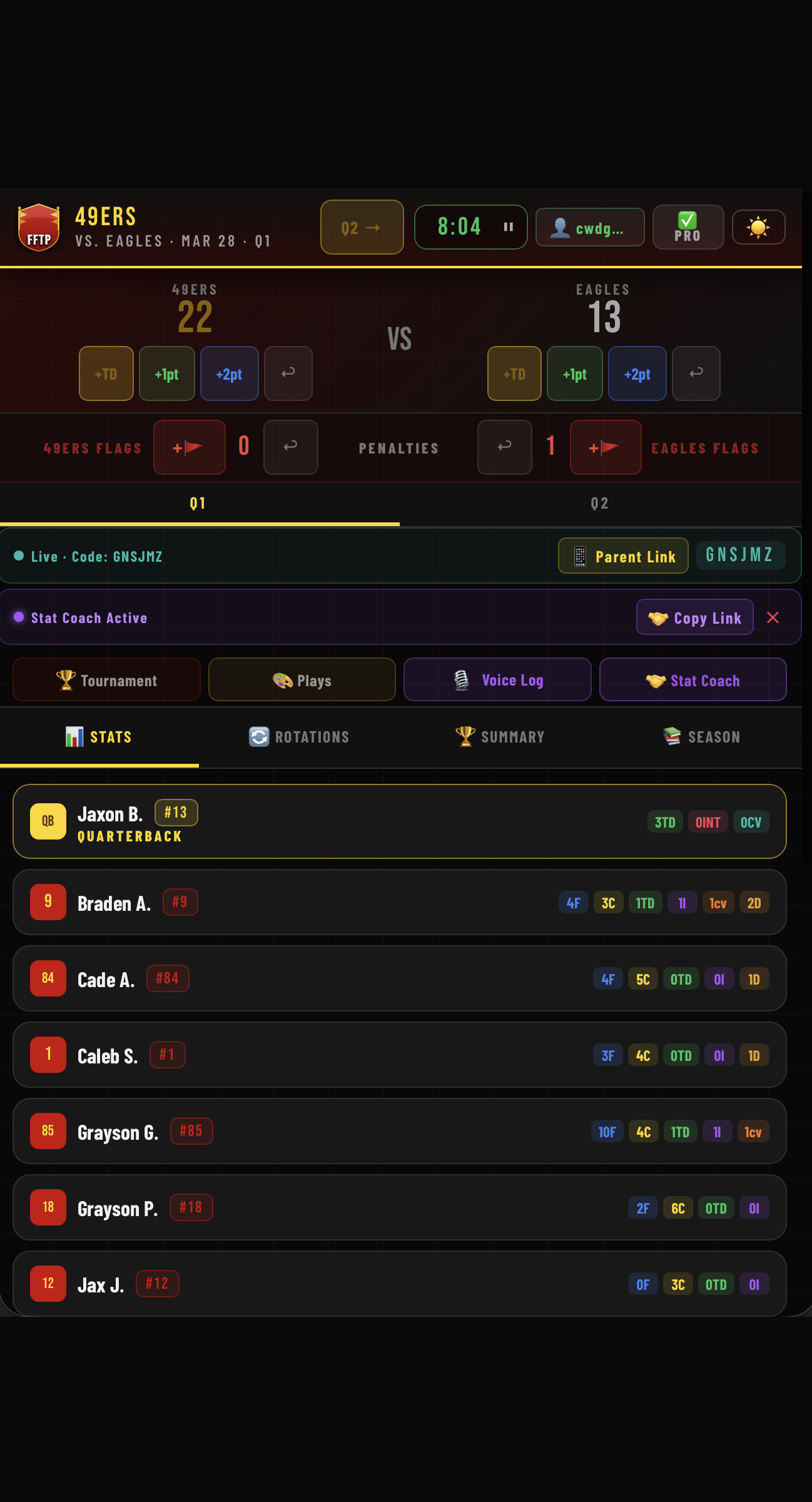 Live stat tracking interface