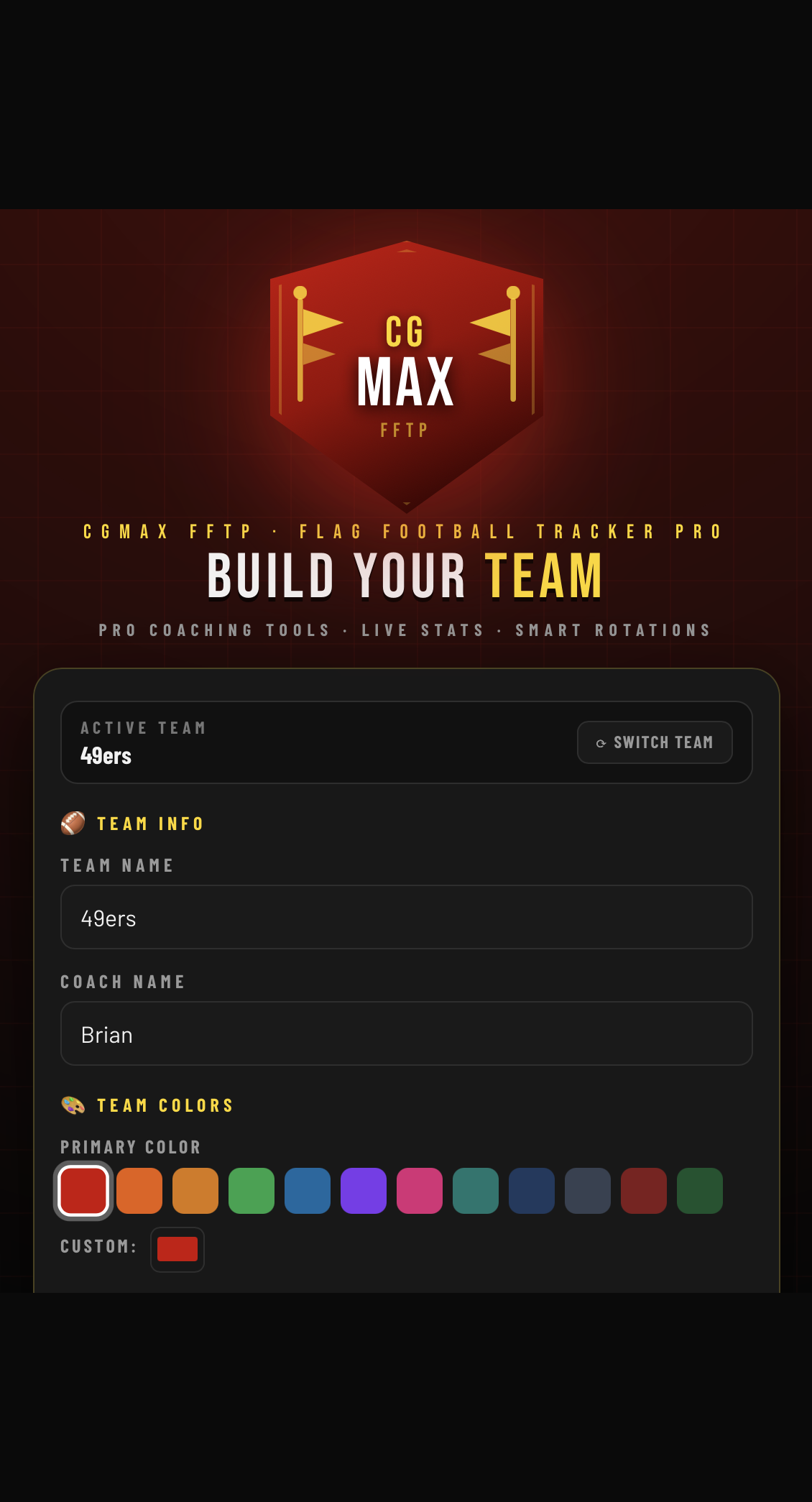 Team setup screen